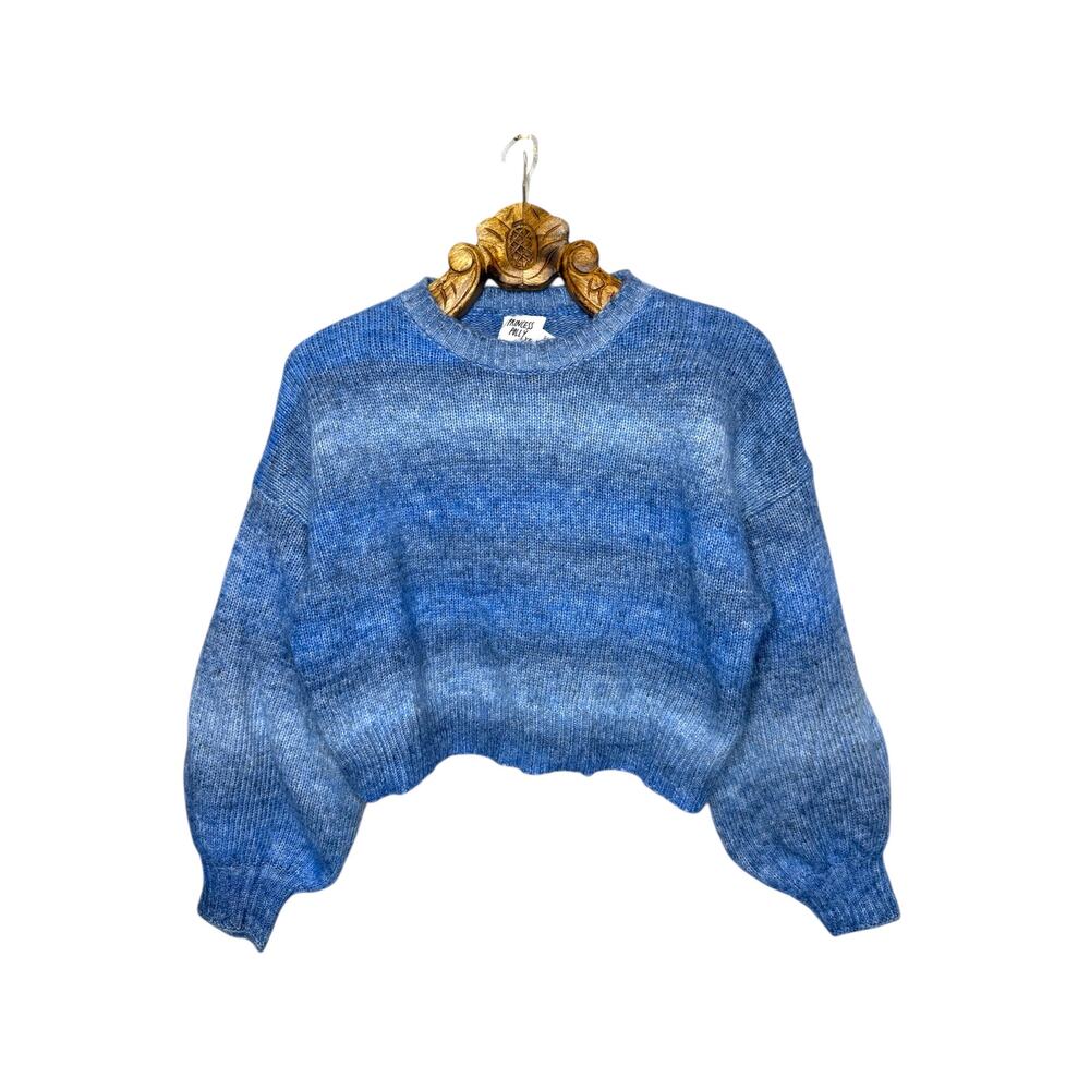 Princess Polly Sweater Blue Stripe Balloon Sleeve Boxy Cropped Round Neck S/M